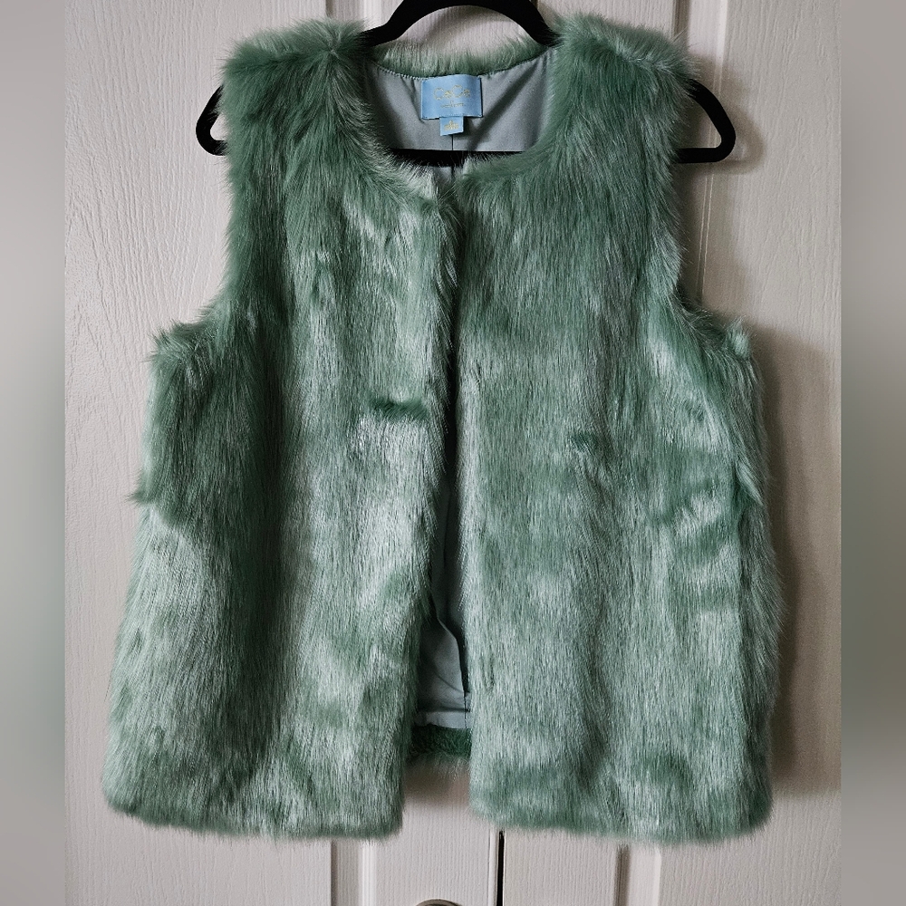 CeCe Green Faux Fur Vest, Medium